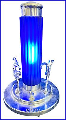 Working Antique Art Deco Chrome Torpedo Cobalt Glass Dancing Nude Lamp