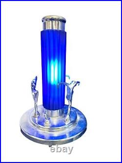 Working Antique Art Deco Chrome Torpedo Cobalt Glass Dancing Nude Lamp