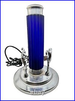 Working Antique Art Deco Chrome Torpedo Cobalt Glass Dancing Nude Lamp