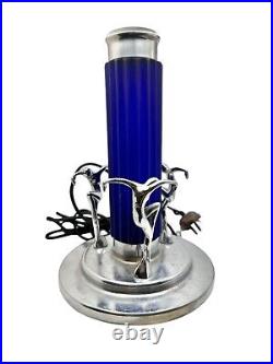Working Antique Art Deco Chrome Torpedo Cobalt Glass Dancing Nude Lamp