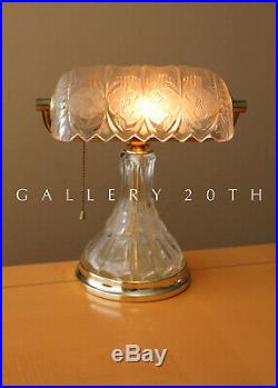 Wow! Rare Deco Bankers Crystal Art Glass Brass Desk Lamp! Vtg After Lalique 50's