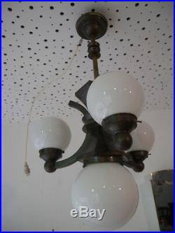 XXL Art Deco Kubismus Deckenlampe Leuchter Kugellampe Messing Bauhaus um 1920