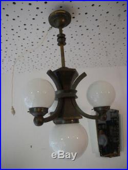 XXL Art Deco Kubismus Deckenlampe Leuchter Kugellampe Messing Bauhaus um 1920
